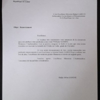 Lettre de remerciement de Abiba Sassine à L&#039;ambassadeur du Liban pour la distinction attribuée à Williams Sassine.