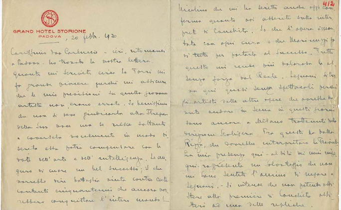 Lettre de Riccardo Zandonai à Carlo Clausetti, 1930-2-20