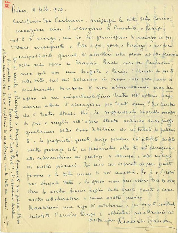 Lettre de Riccardo Zandonai à Carlo Clausetti, 1929-2-19 Lettre de Riccardo Zandonai à Carlo Clausetti, 1929-2-19
