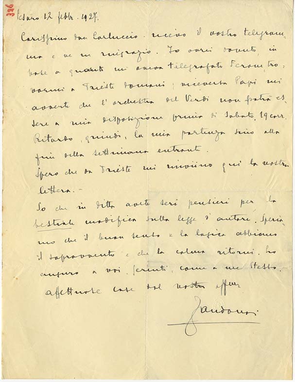Lettre de Riccardo Zandona à Carlo Clausettii, 1927-2-12