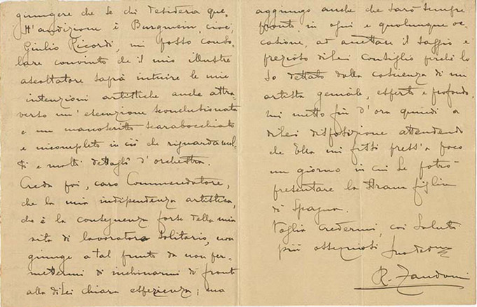 Lettre de Riccardo Zandonai à Giulio Ricordi, 1910-2-18 Lettre de Riccardo Zandonai à Giulio Ricordi, 1910-2-18