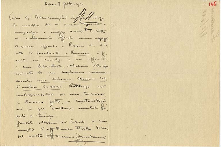 Lettre de Riccardo Zandonai à Renzo Valcarenghi, 1920-2-7 Lettre de Riccardo Zandonai à Renzo Valcarenghi, 1920-2-7