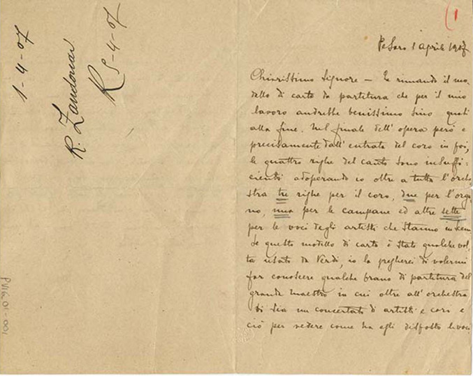 Lettre de Riccardo Zandonai à Giulio Ricordi, 1907-4-1 Lettre de Riccardo Zandonai à Giulio Ricordi, 1907-4-1