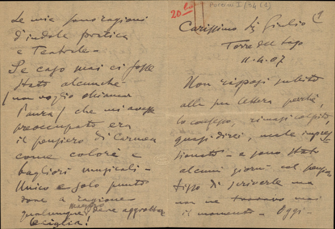 Lettre de Giacomo Puccini à Giulio Ricordi, 1907-4-11