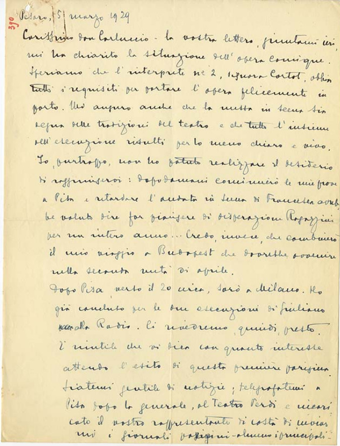 Lettre de Riccardo Zandonai à Carlo Clausetti, 1929-3-5 Lettre de Riccardo Zandonai à Carlo Clausetti, 1929-3-5