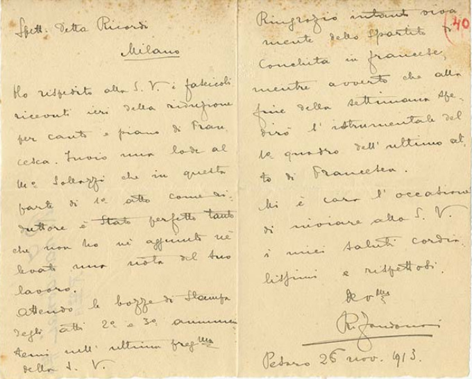 Lettre de Riccardo Zandonai aux Editions Ricordi, 1913-11-26 Lettre de Riccardo Zandonai aux Editions Ricordi, 1913-11-26