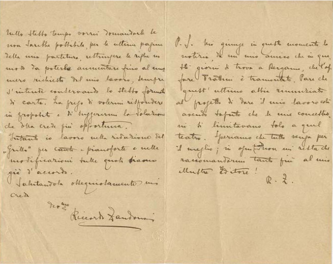 Lettre de Riccardo Zandonai à Giulio Ricordi, 1907-4-1 Lettre de Riccardo Zandonai à Giulio Ricordi, 1907-4-1