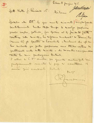 Lettre Riccardo Zandonai à éditions Ricordi, 1915-6-1 Lettre Riccardo Zandonai à éditions Ricordi, 1915-6-1