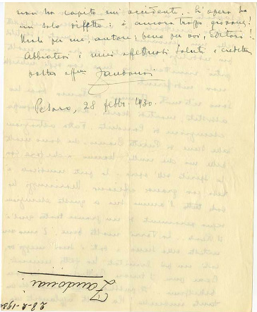 Lettre de Riccardo Zandonai aux Editions Ricordi, 1930-2-28