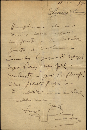 Lettre de Giacomo Puccini à Tito II Ricordi, 1906-2-18