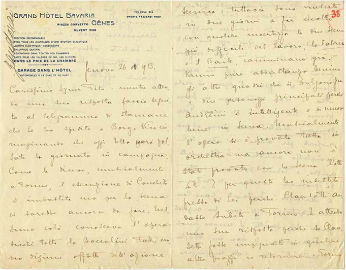 Lettre de Riccardo Zandonai à Tito II Ricordi, 1913-10-26