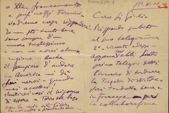 Lettre de Giacomo Puccini à Giulio Ricordi, 1906-11-15 Lettre de Giacomo Puccini à Giulio Ricordi, 1906-11-15