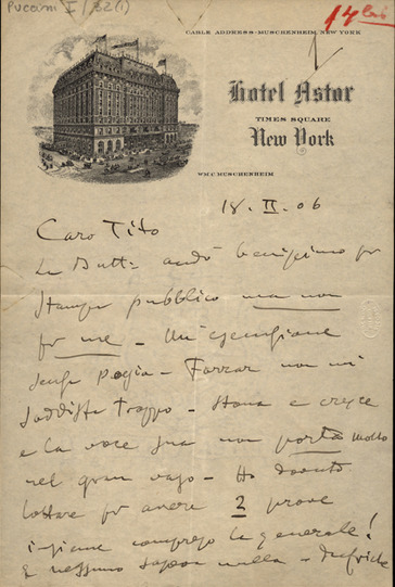 Lettre de Giacomo Puccini à Giulio Ricordi, 1907-2-18