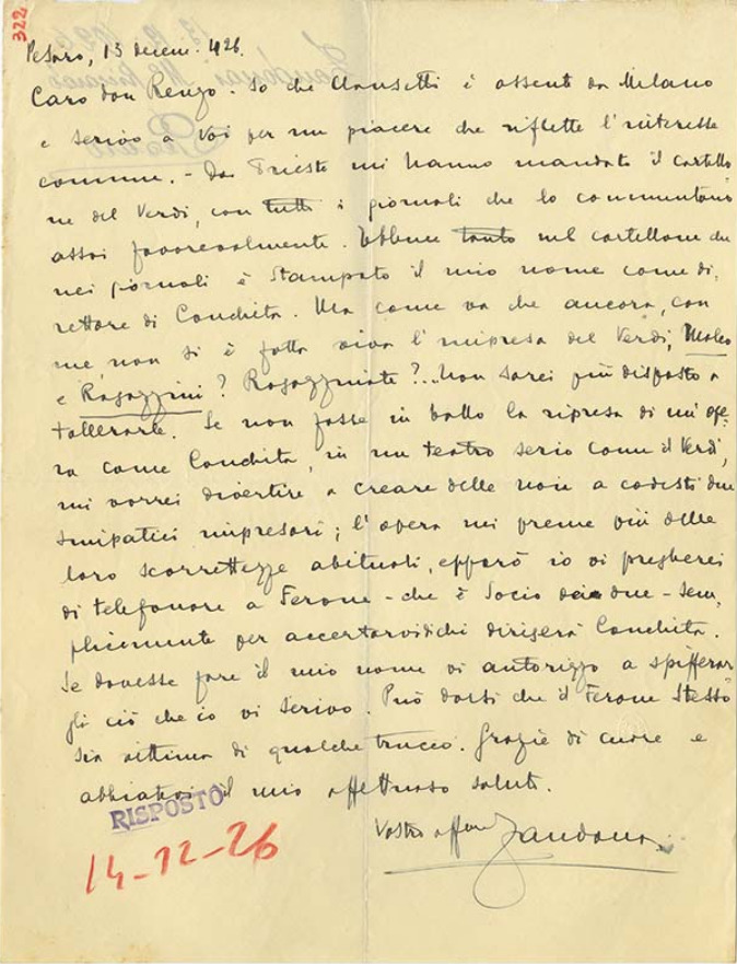 Lettre de Riccardo Zandonai à Renzo Valcarenghi, 1926-12-13 Lettre de Riccardo Zandonai à Renzo Valcarenghi, 1926-12-13