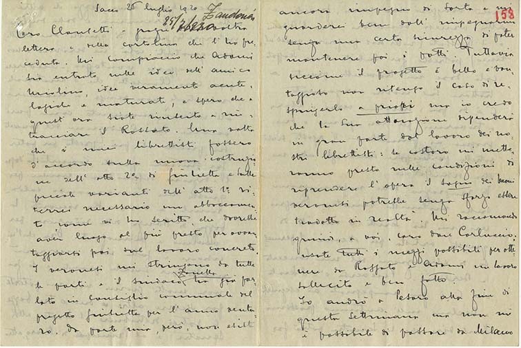 Lettre de Riccardo Zandonai à Carlo Clausetti, 1920-7-25 Lettre de Riccardo Zandonai à Carlo Clausetti, 1920-7-25