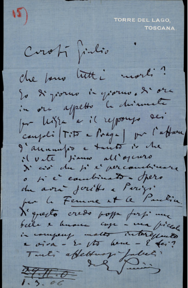 Lettre de Giacomo Puccini à Giulio Ricordi, 1906-03-1