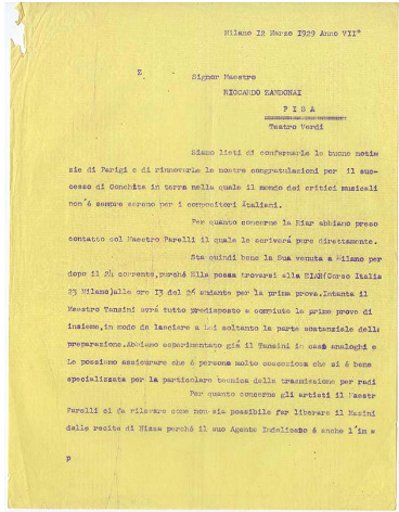 Lettre de Riccardo Zandonai à Renzo Valcarenghi et copie de la lettre des Editions Ricordi à Riccardo Zandonai, 1929-3-13 Lettre de Riccardo Zandonai à Renzo Valcarenghi et copie de la lettre des Editions Ricordi à Riccardo Zandonai, 1929-3-13