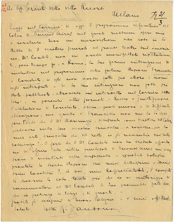Lettre de Riccardo Zandonai aux Editions Ricordi, 1926-3-31 Lettre de Riccardo Zandonai aux Editions Ricordi, 1926-3-31