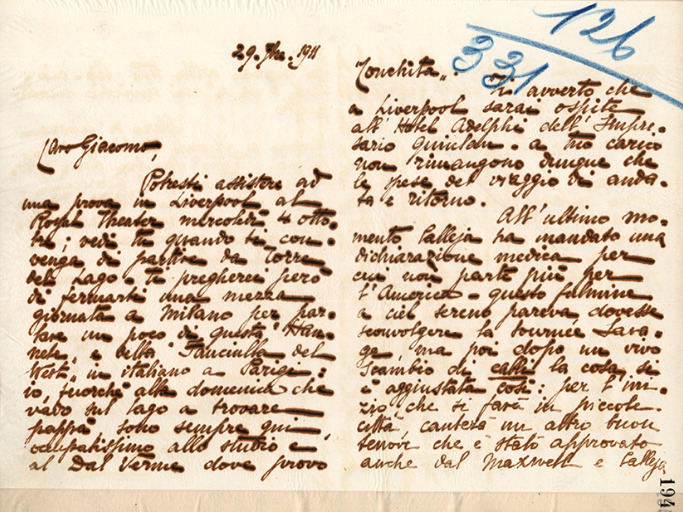 Lettre de Giacomo Puccini à Tito Ricordi II, 1911-9-29