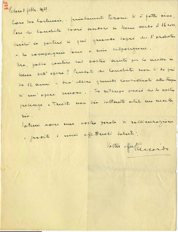 Lettre de Riccardo Zandonai à Carlo Clausetti, 1927-2-1 Lettre de Riccardo Zandonai à Carlo Clausetti, 1927-2-1