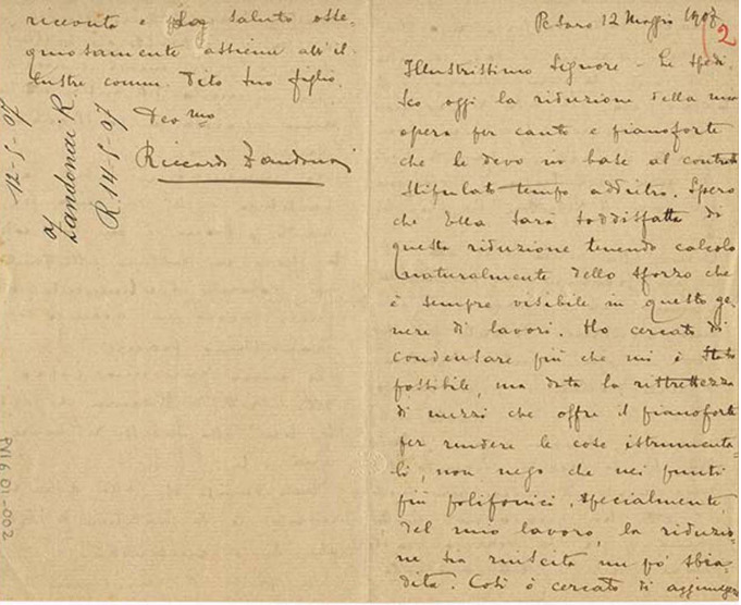 Lettre de Riccardo Zandonai à Giulio Ricordi, 1909-5-12