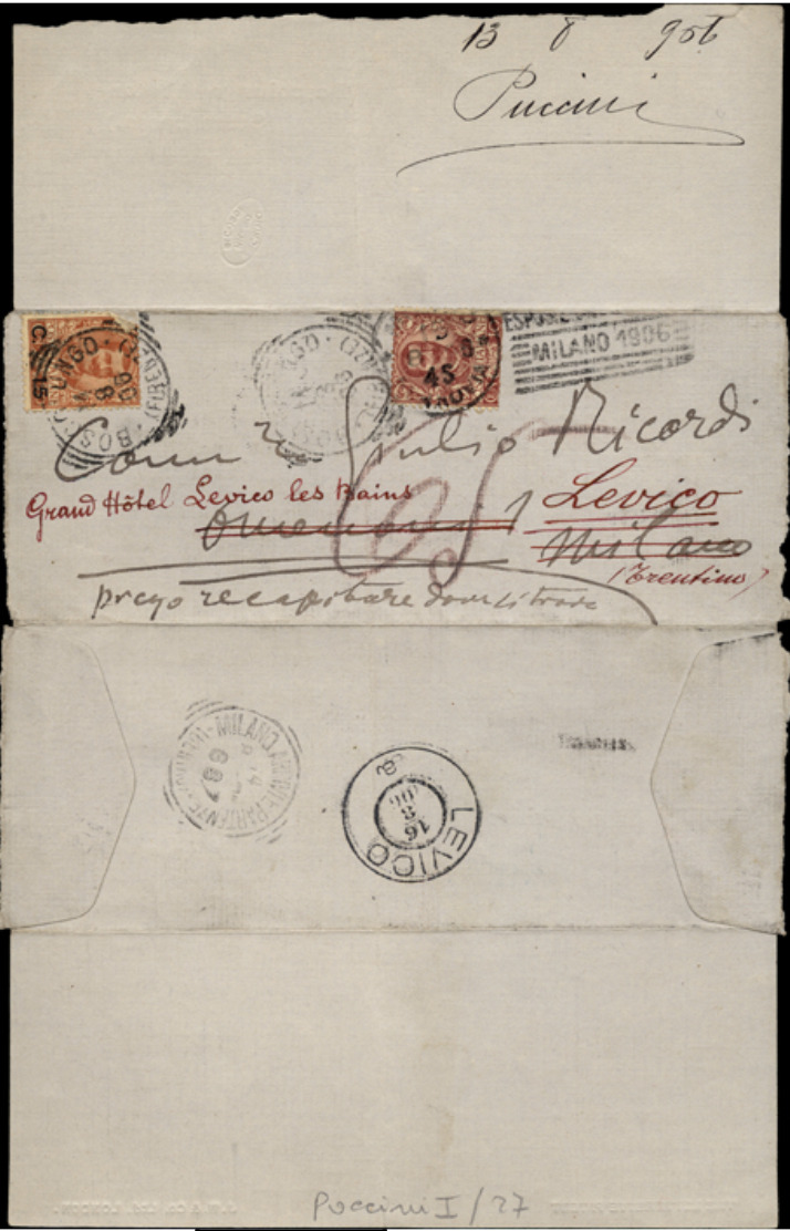 Lettre de Giaccomo Puccini à Giulio Ricordi, 1906.8.13 Lettre de Giaccomo Puccini à Giulio Ricordi, 1906.8.13