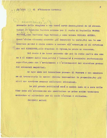 Lettre de Riccardo Zandonai à Renzo Valcarenghi et copie de la lettre des Editions Ricordi à Riccardo Zandonai, 1929-3-13 Lettre de Riccardo Zandonai à Renzo Valcarenghi et copie de la lettre des Editions Ricordi à Riccardo Zandonai, 1929-3-13
