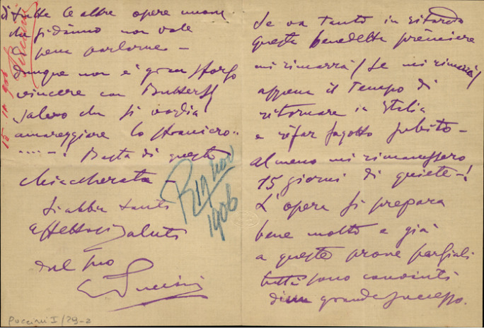 Lettre de Giacomo Puccini à Giulio Ricordi, 1906-11-15 Lettre de Giacomo Puccini à Giulio Ricordi, 1906-11-15