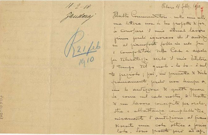 Lettre de Riccardo Zandonai à Giulio Ricordi, 1910-2-18 Lettre de Riccardo Zandonai à Giulio Ricordi, 1910-2-18