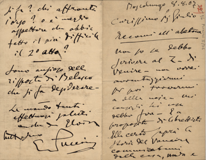 Lettre de Giacomo Puccini à Giulio Ricordi, 1907-8-8