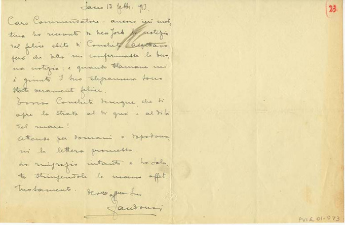 Lettre de Riccardo Zandonai à Tito II Ricordi, 1913-2-13 Lettre de Riccardo Zandonai à Tito II Ricordi, 1913-2-13