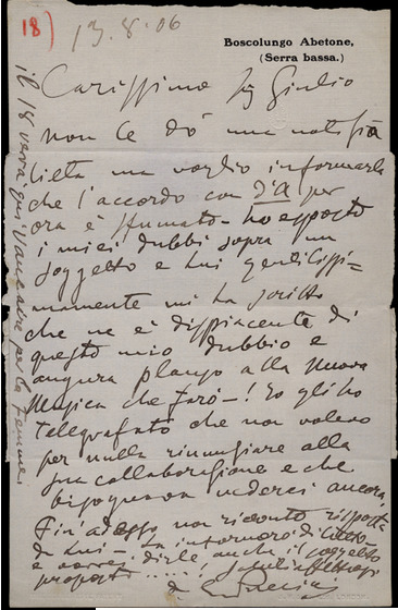 Lettre de Giacomo Puccini à Tito Ricordi, 1906-8-13