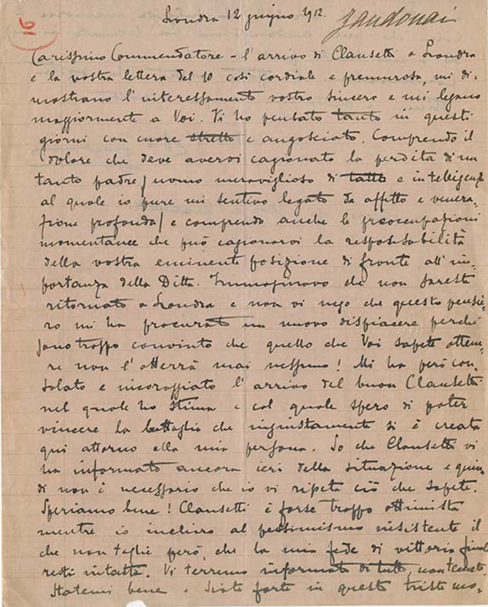 Lettre de Riccardo Zandonai à Tito II Ricordi, 1912-6-12 Lettre de Riccardo Zandonai à Tito II Ricordi, 1912-6-12