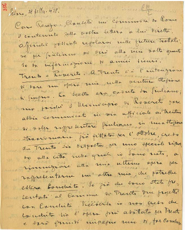 Lettre de Riccardo Zandonai à Renzo Valcarenghi, 1928-2-28