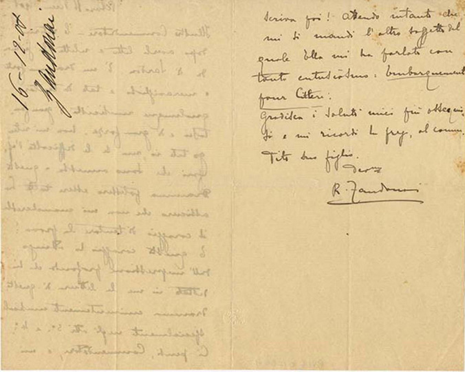 Lettre de Riccardo Zandonai à Giulio Ricordi, 1907-12-16 Lettre de Riccardo Zandonai à Giulio Ricordi, 1907-12-16