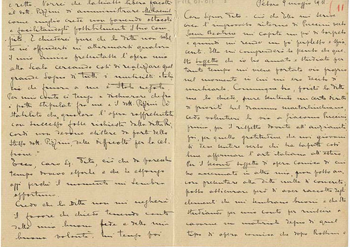 Lettre de Riccardo Zandonai à Tito II Ricordi, 1911-5-9 Lettre de Riccardo Zandonai à Tito II Ricordi, 1911-5-9