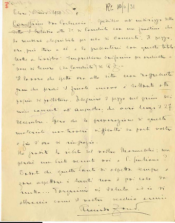 Lettre de Riccardo Zandonai à Carlo Clausetti, 1931-11-6