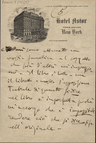 Lettre de Giacomo Puccini à Giulio Ricordi, 1907-2-18