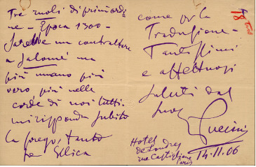 Lettre de Giacomo Puccini à Giulio Ricordi, 1906-11-14 Lettre de Giacomo Puccini à Giulio Ricordi, 1906-11-14