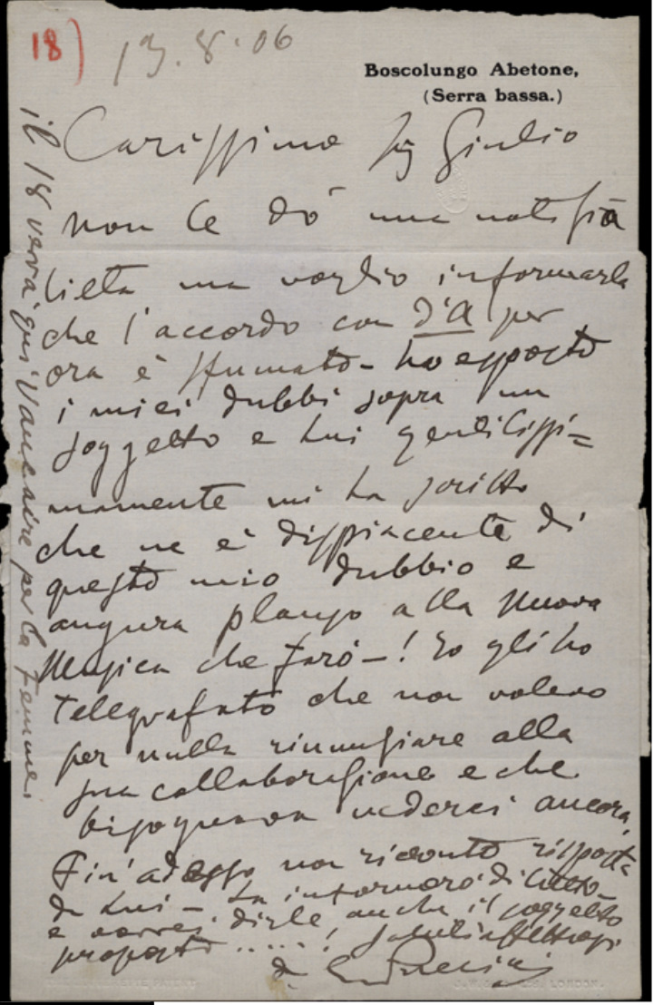Lettre de Giaccomo Puccini à Giulio Ricordi, 1906.8.13 Lettre de Giaccomo Puccini à Giulio Ricordi, 1906.8.13