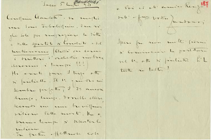 Lettre de Riccardo Zandonai à Carlo Clausetti, 1921-7-5 Lettre de Riccardo Zandonai à Carlo Clausetti, 1921-7-5