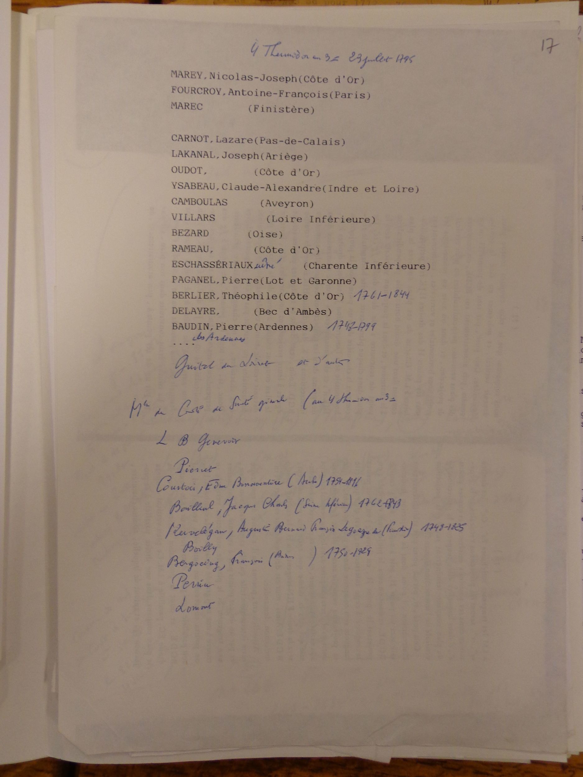 Une liste manuscrite d'identification des signataires de la pétition en faveur de Monge mentionnée dans l'arrêté.